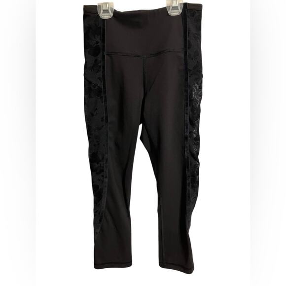 Lululemon Wunder Under Crop High-Rise Black Velvet Floral‎ Flocked 21 Sz 4 - Picture 1 of 13